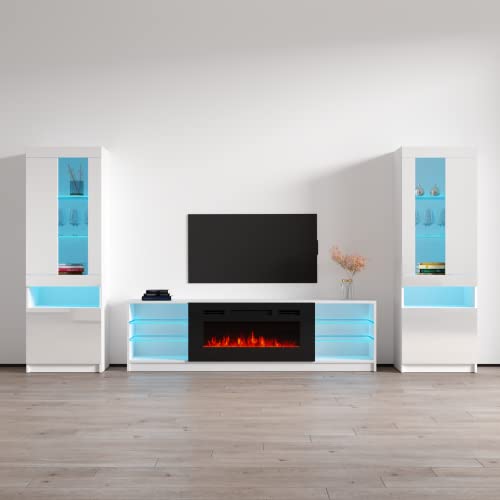 Meble Furniture Boston 01 Electric Fireplace TV Stand - Entertainment Center Console for Bedroom & Living Room - Modern TV Entertainment Center with Komi Bookcase and LED Lights - Stand for TV - White