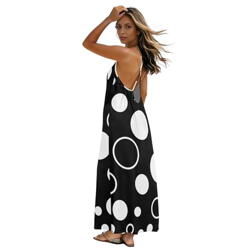 Robe longue dos nu à pois noirs et blancs pour femme style décontracté