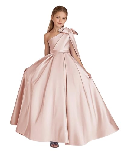 One Shoulder Flower Girl Dresses Satin Pageant First Communion Dress Bow Ball Gown TJ151