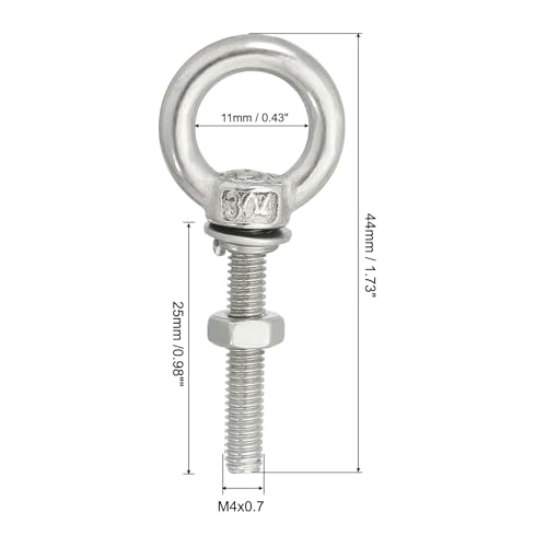 Image of uxcell M4*25 3 /16 inchx0.98 inch Stainless Steel Eye Bolts Threaded Screw Eyebolt Shoulder Ring with Nuts Washers for Lifting Hanging, 4 Set