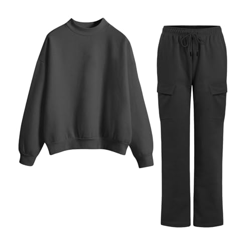 Survêtement unisexe 2 pièces d'hiver avec sweatshirt col rond et pantalon cargo uni