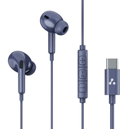 Image of Ambrane Type C Wired Earphones with inbuilt Mic, Strong Bass Audio, Clear Calls, Tangle Free Cable, in Line Controls, Wide Compatibility, 1.2m Long Cable, 10mm Drivers (Stringz 05, Blue)