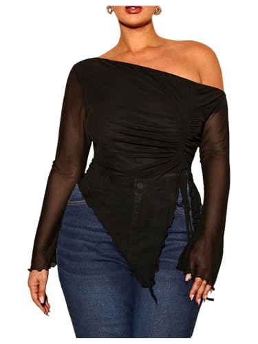 Women's Plus Size Sheer Mesh Off Shoulder Tops Long Sleeve Drawstring Asymmetrical Hem Ruched T Shirt