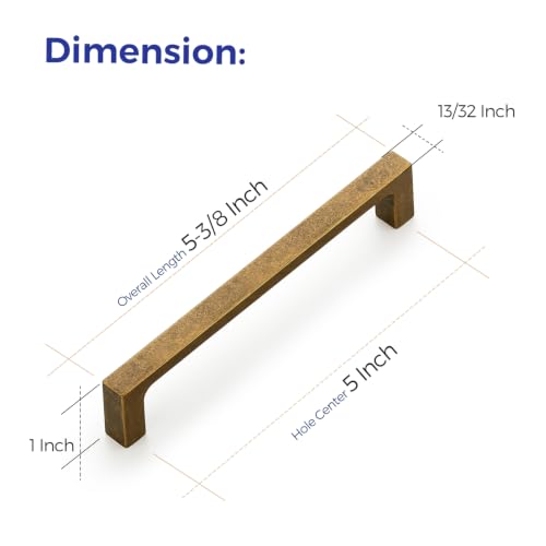 Image of Ravinte Antique Brass Kitchen Cabinet Solid Handles,5 Inch,10 Pack | Solid Zinc Alloy, Modern Slim Style, Square Design, Deep-Thread Firm Base, Screws Included, for Kitchen Drawers & Cupboards