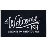 Hobby Lobby Rubber Doormat, Indoor Rubber Mat, White and Black, 18 x 30 inches, Apartment (Black Welcome-ish)