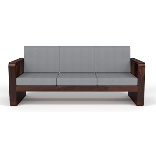 Image of KINGS HOME FURNITURE Sheesham Wooden 3 Seater Sofa for Living Room | Solid Wood Sofa with Side Newspaper Holder | Rosewood Sofa Set for Home & Office | Lounge (Walnut Finish, 3 Seater)
