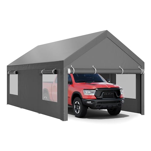 JY QAQA Carport, 12x20 FT Heavy Duty Carport with Removable Side Walls and Doors, Portable Garage with Roll-Up Window and Sandbags, Car Canopy with All-Season Tarp for Cars, Trucks, Boats, Grey