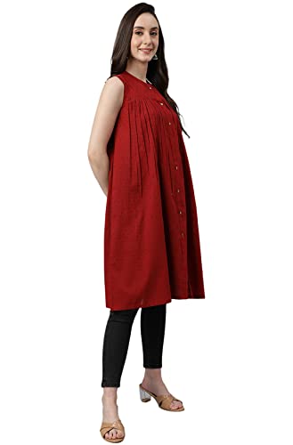 Image of Janasya Women's Maroon Dobby Cotton Solid Gathered Tunic