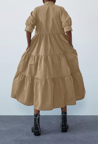 Image of chouyatou Women's Summer Puff Sleeve Maxi Tiered Babydoll Dress Casual A-Line Swing Long Shirt Dress