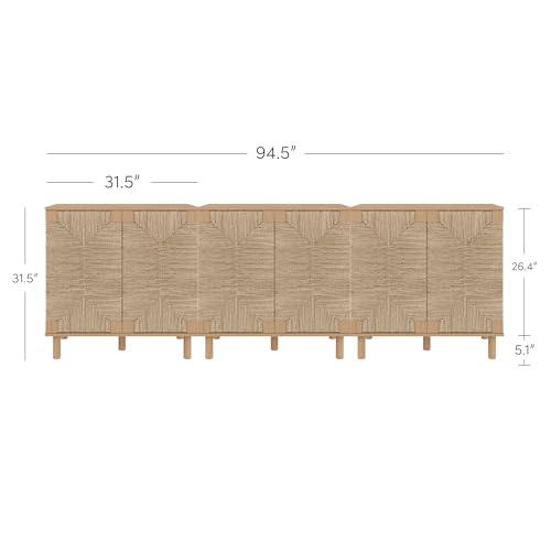 Image of Nathan James Beacon Boho TV Stand, Free Standing Kitchen Cabinet Storage with Adjustable Interior Shelf and Seagrass Accent, Seagrass /Raw Oak, Set of 3