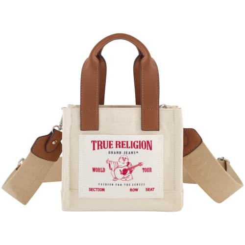 True Religion Tote Bag, Women's Mini Travel Shoulder Bag with Adjustable Strap, Natural