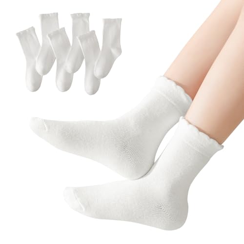 ANYANIME 6 Pair Girls White Dressy Textured Short Socks Scallop Top Design