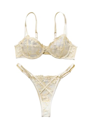 Image of Lilosy Sexy Underwire Cute Push Up Strappy Embroidered Mesh Sheer Lingerie Set See Through Panty Bra