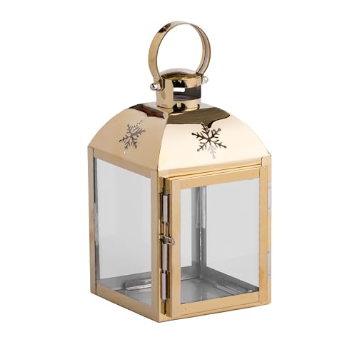 home&you - Farol Shiny Snowflake, decoración navideña, de metal y cristal, portavelas para interior y exterior, decoración de mesa, farolillo de jardín, farolillo de velas, 19 x 11 x 11 cm - dorado