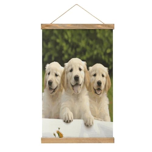 Pintura de pergamino de cachorros Golden Retriever, decoración vintage lista para colgar