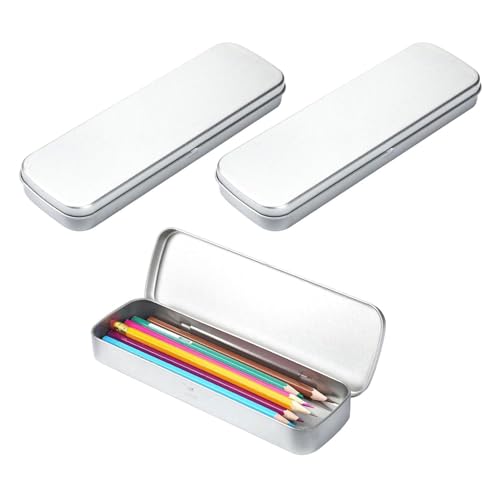 Srvauyea 3 Piezas Caja Metalica Pequeña con Tapa de Bisagra, Cajas de Almacenamiento Rectangulares de Metal, Caja de Lápices, Cajas de Latas Portátiles con Bisagras para Artículos Escolares Bolígrafos