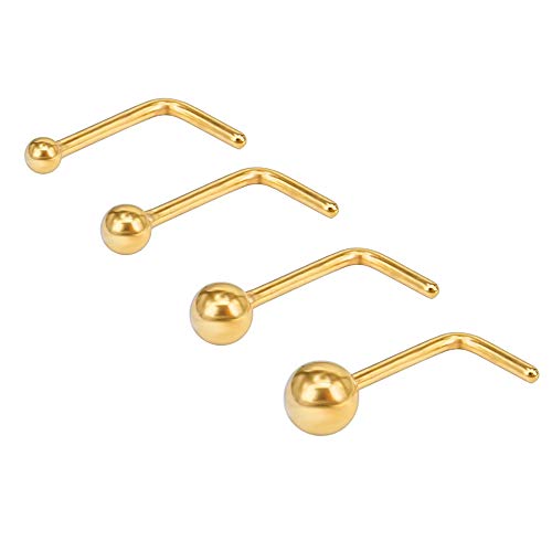 ZS 4PCS 20G Gold L Shaped Nose Rings Stainless Steel Curved Nose Stud Pin Body Piercing 1.5mm 2mm 2.5mm 3mm (Gold)