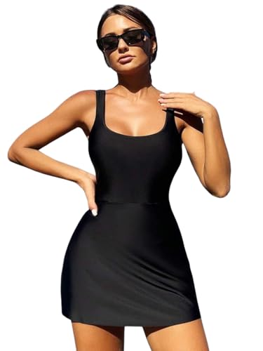 Image of GRECIILOOKS Women Lycra Frock Style Short Attached Padded One-Piece Swimming Costume | Solid Women Swimsuit | Womens Stretchable Swimwear