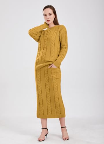 Image of chouyatou Women Winter Casual Chunky Cable Knit Long Pencil Skirt 2 Piece Outfit Oversized Pullover Sweater Sets