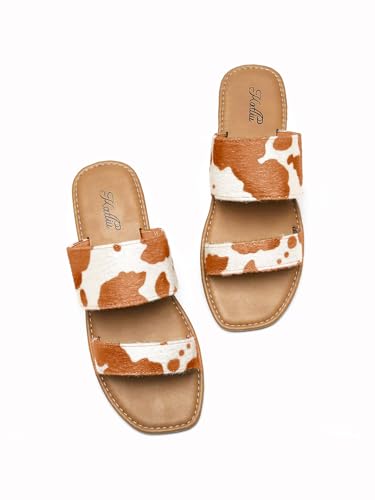 katliu Womens Flat Sandals Two Strap Slide Sandals Open Toe Cow Print Brown 7
