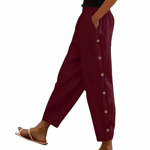 Pantalon Verano Mujer con Bolsillos Sueltos con Cordón Pants Ropa Deportiva Hawaiana Cintura Alta Pantalón Holgados Casuales Trousers Rectos Casual Pantalon Viajes Chandal(Vino,XXL)