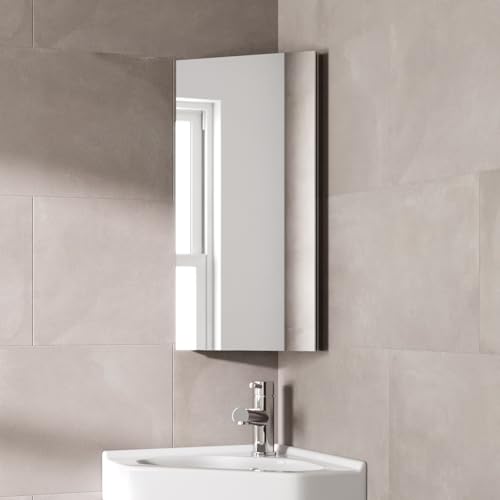 Artis® 300 x 600mm Bathroom Mirror Cabinet Storage Wall Mounted Cupboard Ready Assembled Corner Unit Single Mirrored Door, Mirror Stainless Steel