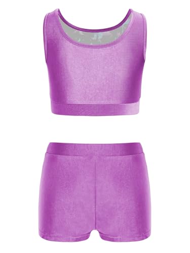 Girls Gymnastics Dance 2 Piece Shiny Metallic Set Crop Tank Top And Booty Shorts for Tennis Sports Purple 16 Years2