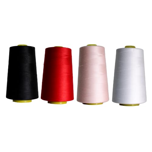 Rhapsew Overlocking Thread Cones – 4 x 5000m | Assorted Sets | Polyester Overlocker Thread for Serger & Sewing Machines | Tailoring, Dressmaking & Repairs (Black,White,Red,Pink)