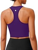 PINSPARK Sports Bras for Women Longline Yoga Bra Wide Straps Athletic Tank Tops with Built-in Bra Racerback Tennis Top Padded Exercise Bras, Dark Purple Medium