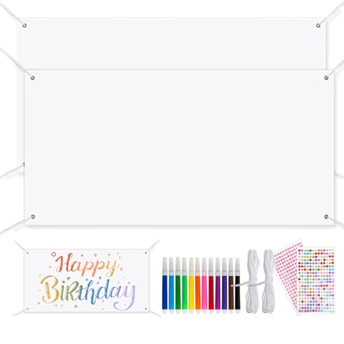2 Piezas 200 * 100cm Pancarta Personalizada Blanca con Cuerdas Bandera Personalizada 12 Lápices de Graffiti Multicolores y 2 Adhesivos Decorativos de Strass Ideal para Grafiti y Carteles Creativos