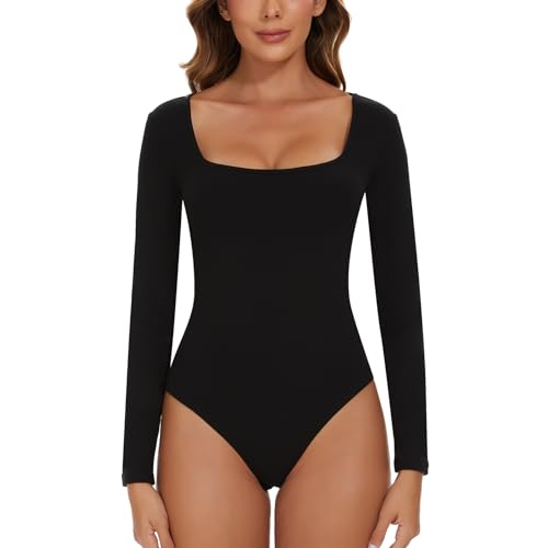 SLIMBELLE Body Damen Langarm Quadratischer Kragen Bodysuit Body Anzüge...