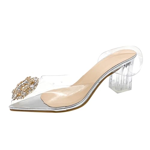 Zapatos de tacón alto para mujer, con brillantes, tacón de tacón, transparente, sexy, zapatos de baile, sandalias de tacón alto, zapatos de noche, cómodos, ligeros, transparente, 39 EU
