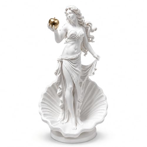 Aphrodite Statue Greek Goddess Venus Figurine with Shell Base & Gold Apple Hand-Cast Polyresin Feminine Energy Decor for Bedroom Living Room Shelf Self-Love Altar Self-Care