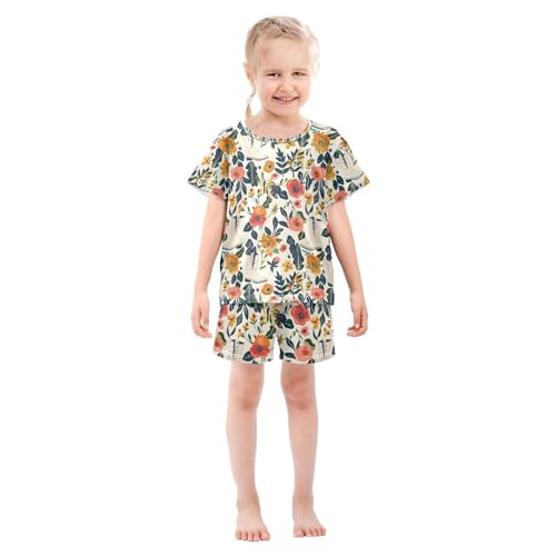 ALAZA Floral Boot Flower Retro Pajamas Set Short Sleeve Cotton Sleepwear Summer Pjs 2 Piece 5-14Y3