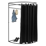 Freestanding Changing Room with Garment Hook, Dressing Room Clothing Store Fitting Room with Shading Curtain for Privacy Room Divider (Black+Black)