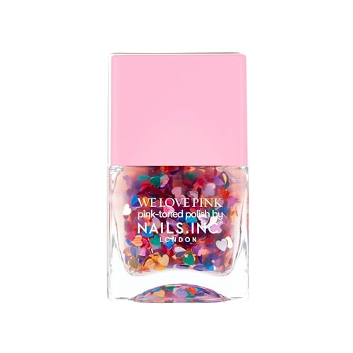 Nails Inc We Love Pink, Kissing In Kensington, Rainbow Heart, Multicolour, Confetti, Glossy, No Chip, Long Lasting, Quick Dry, Air Dry, Professional Manicures, Nail Polish, 14 ML