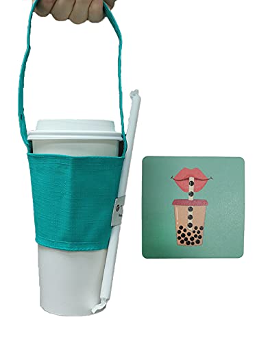 Image of Hands-Free Coffee & Boba Cup Carrier Strap & Straw Loop (2 Pcs Set) (Teal)