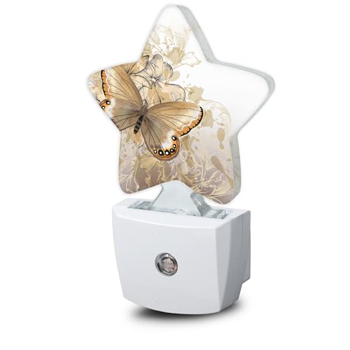 Image of Golden Butterfly Flower Plug-in Night Light with Dusk-to-Dawn Sensor for Bedroom,Bathroom and Living Room Sleep Friendly lamp for Women /Girls /Boys Gift,0.5W