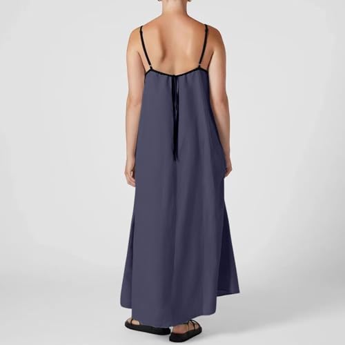 Image of Linen Maxi Dress for Women Spaghetti Strap Backless Summer Beach Sundress Flowly Sleeveless Comfy Long Dresses