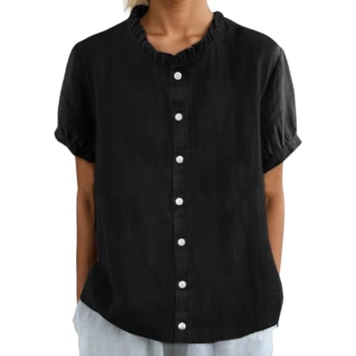 Cotton Linen Shirts for Women 2025 Summer Casual Button 3/4 Sleeve Tops Solid Crewneck Blouses Tunic
