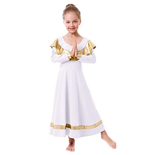 Girls Praise Dance Robe Liturgical Worship Metallic Gold Bi Color Long Sleeve Dress