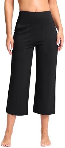 Women's Capri Pants with Pockets High Waist Yoga Pants Wide Leg Workout Crop Summer Pants for Casual, Travel, Exercise