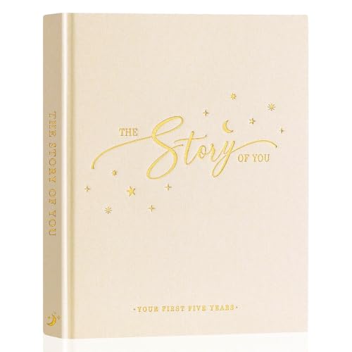 Lanpn Album Bebe Primer 5 Año para Niña Niño - Libro Recuerdos Bebé para Pegar Fotos y Escribir - Hello Baby Libros Cuaderno Diario Álbum Fotos Bebe Regalo Recién Nacido (Beige,154 Páginas, Inglés)