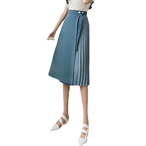 Jupe plissée trapèze à fente bleu unie pour femme taille haute 48