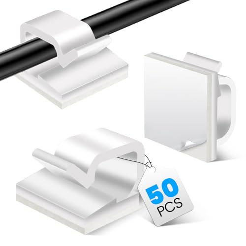 Pnrskter 50 Pezzi Fermacavi Adesivi, Organizer per Cavi Elettrici e Fermacavi da Muro, Facili da Applicare, Riutilizzabili e Senza Residui, Ideali per Casa, Ufficio e Auto, Bianco