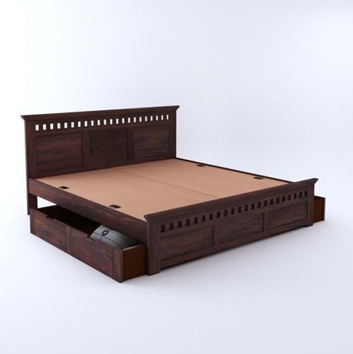TG Furniture Solid Sheesham Wood King Size Bed with Pullout Storage | Wooden Double Bed with 2 Drawer Storage for Bedroom & Hotel | Platform Cot Bed Palang | 78X72 Inch, Walnut Finish