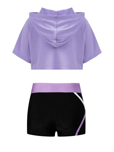 Sport Workout Dance Outfits For Kids Girls Short Sleeve Hooded Crop Top Tees And Color Block Shorts Set Activewear A Lavender 6 Years2