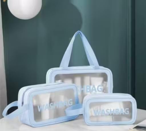 Image of P E Wash Bag Pouch for Travel Kit Toiletry Bag Cosmetic Bag Make Up Box for Brushes,Accessories with Handle,Large Capacity Waterproof Travel Storage OrganizerSet of 3 (Sky Blue) 11
