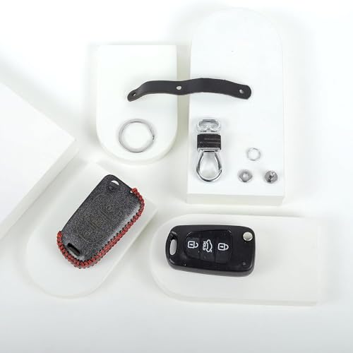 Image of Leather Smart Car Key Cover Case with Metal Hook Keychain for i Old I 20, Old Verna, Old Elentra (Black)