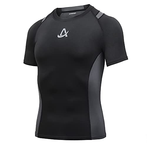 AMZSPORT Camisa de Compresión Deportiva para Hombre Camiseta de Manga Corta Camiseta Capa Base Fresca y Seca, Negro L